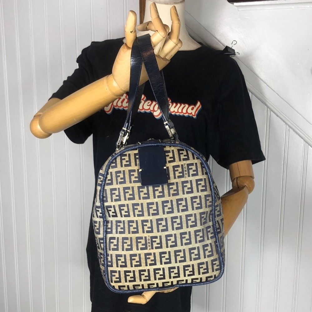 FENDI Zucca Navy Blue Leather Grey Canvas Boston Carry-On Bag Speedy 30 EUC - Picture 10 of 17